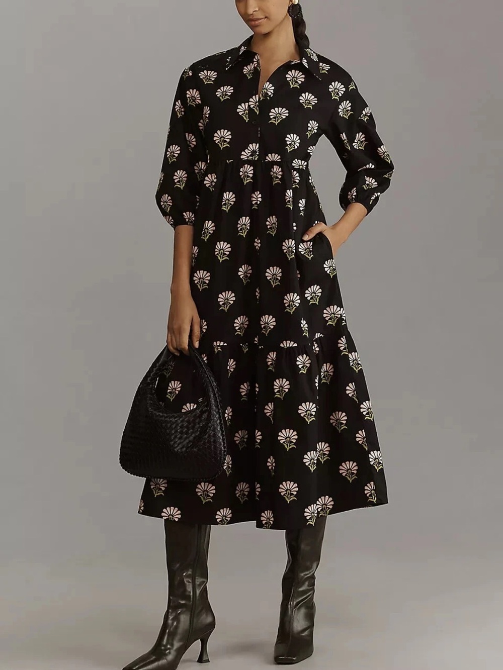 Maeve Black Midi Dress with Pink & Cream Floral Print